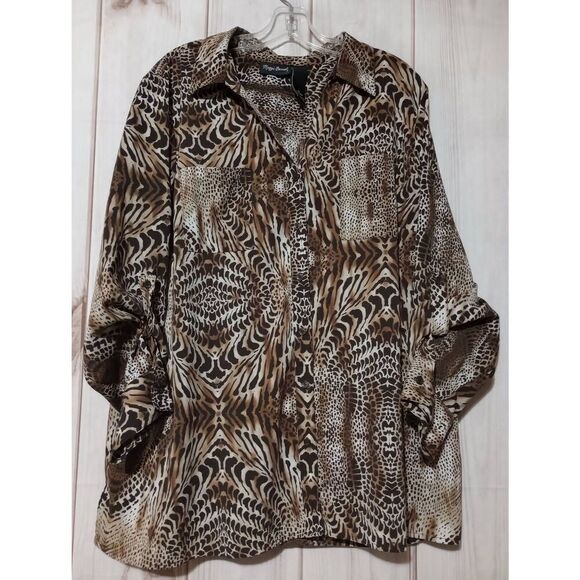 Maggie Barnes Shirt Ladies 1x Brown Animal Print‎ Button Front Adjustable Sleeve - Picture 1 of 7